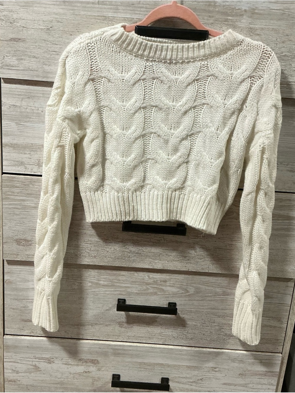 Cropped Cream Cable-Knit Crewneck Sweater